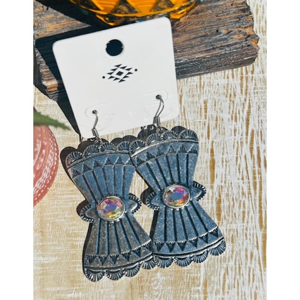 Statement Earrings Southwestern Style Silver Tone AB Rhinestone Dangle Boho